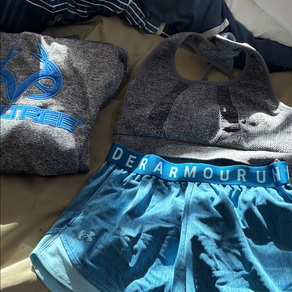Under Armour Heather Gray Sports Bra and Teal Blue Shorts